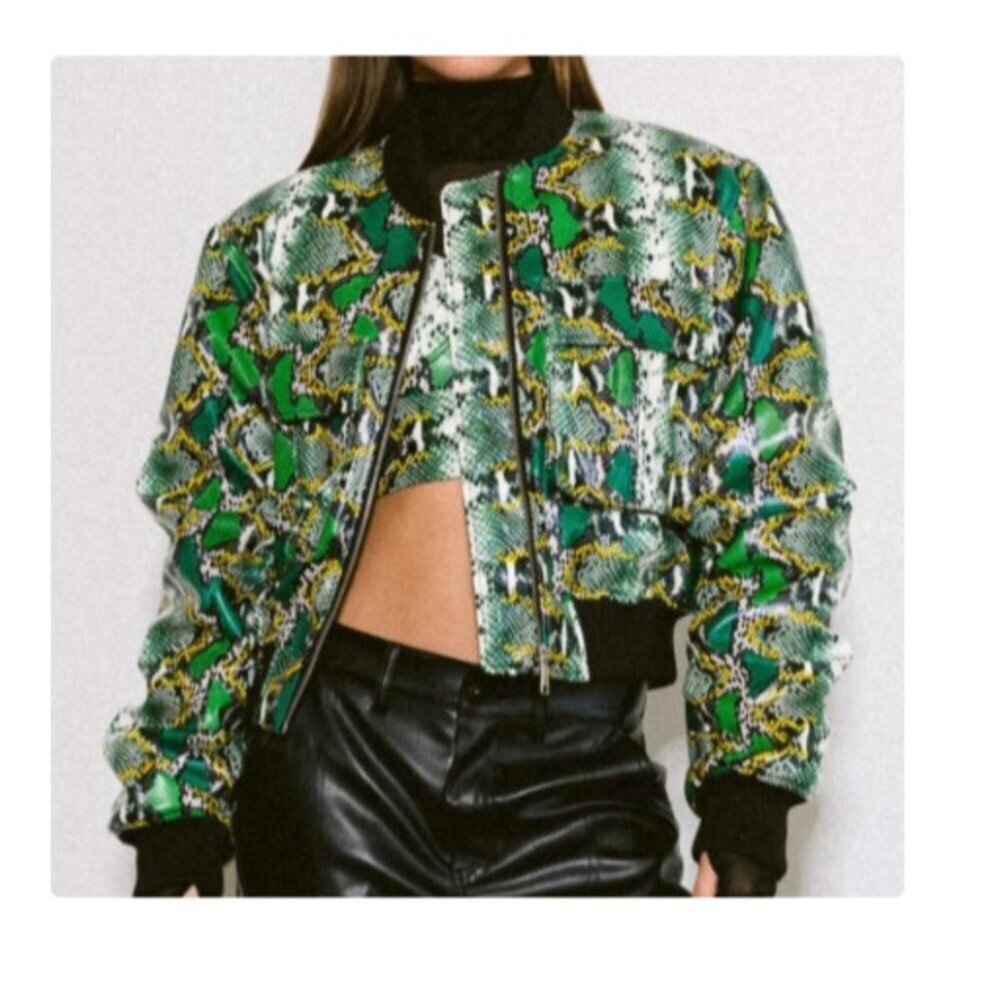 NEW MOD-X Bomber Jacket SNAKE REPTILE PRINT Womens XL Green black FAUX FUR LINED - Picture 4 of 15